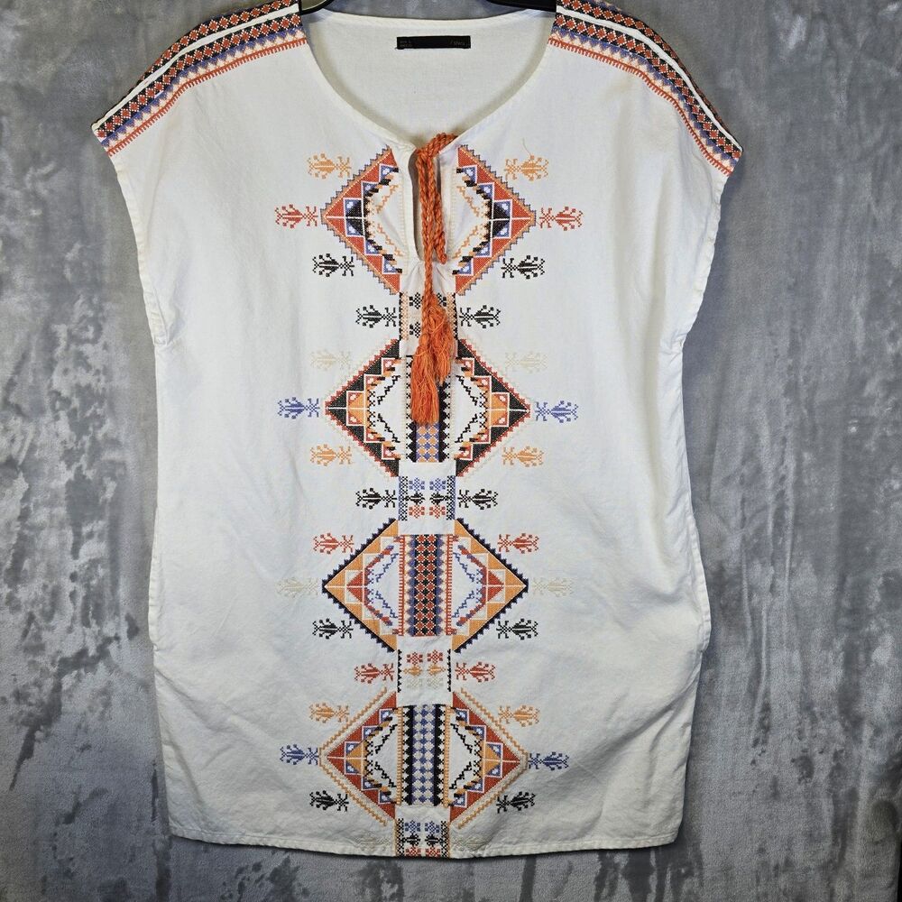Sfera Womens Mini Dress L Geometric Embroidery Pocket Tassel Boho Aztec Festival